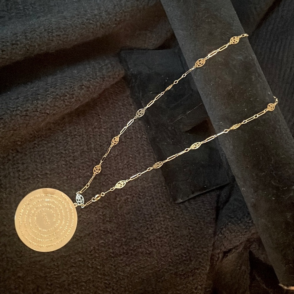 The Lords Prayer Medallion Pendant Necklace in Gold.  Included 38” length.